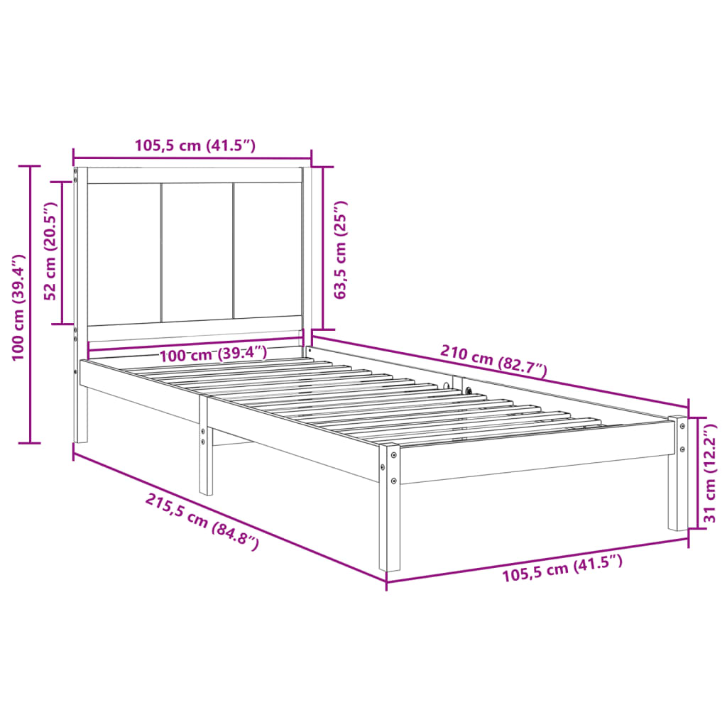 Prodloužený Rám Postele Bez Matrace 100 X 210 Cm Masivní Dřevo