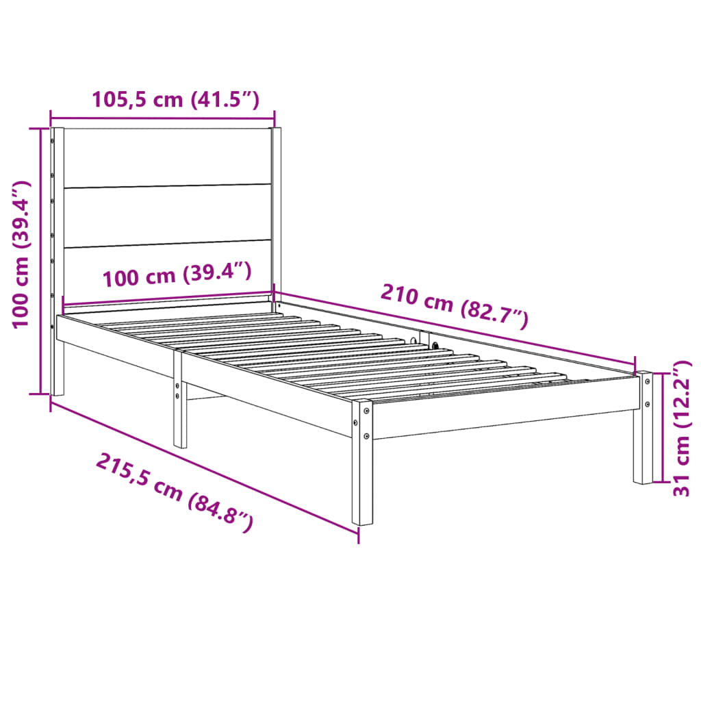 Prodloužený Rám Postele Bez Matrace 100 X 210 Cm Masivní Dřevo