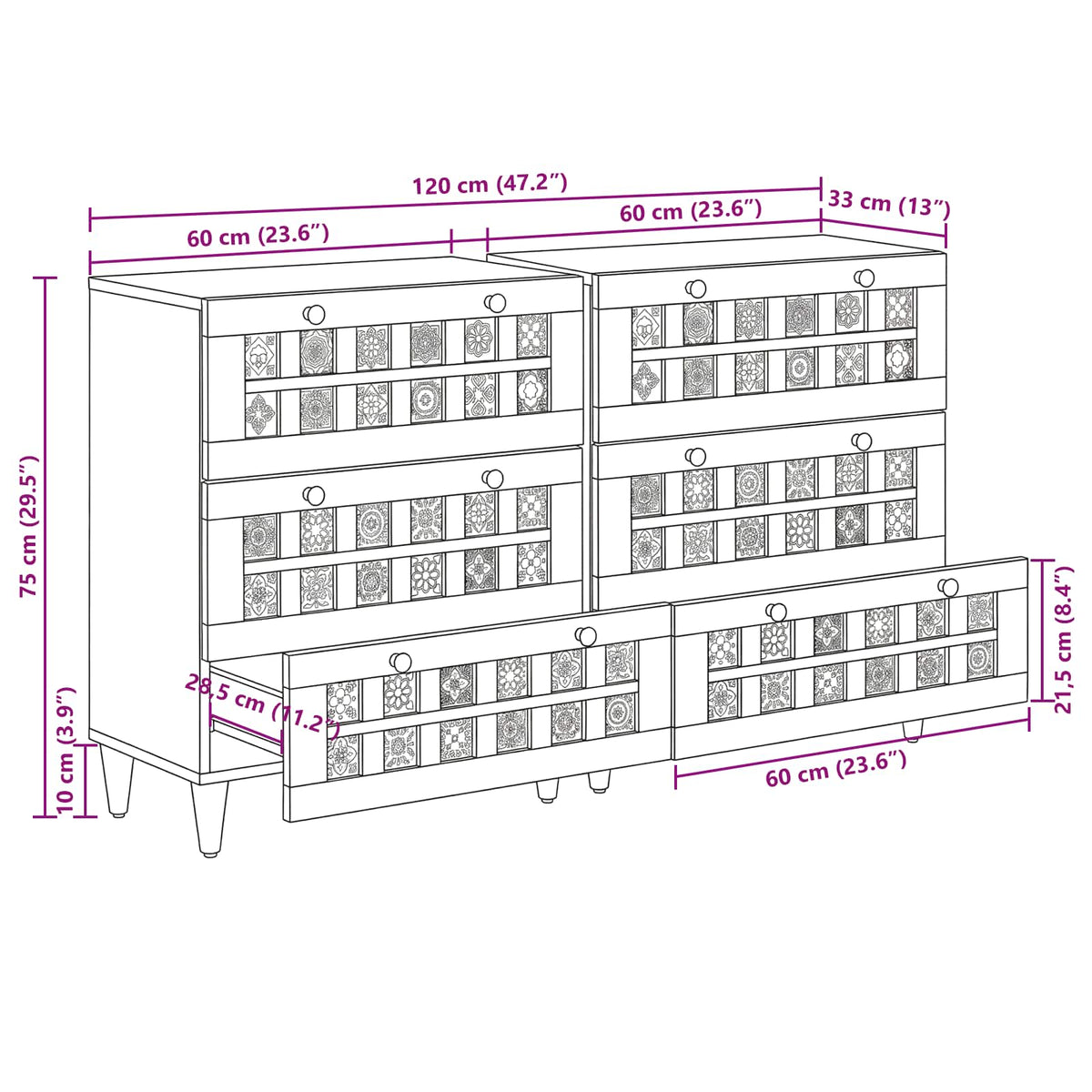 Servírovací Skříň 2 Ks 60 X 33 X 75 Cm Masivní Mangové Dřevo