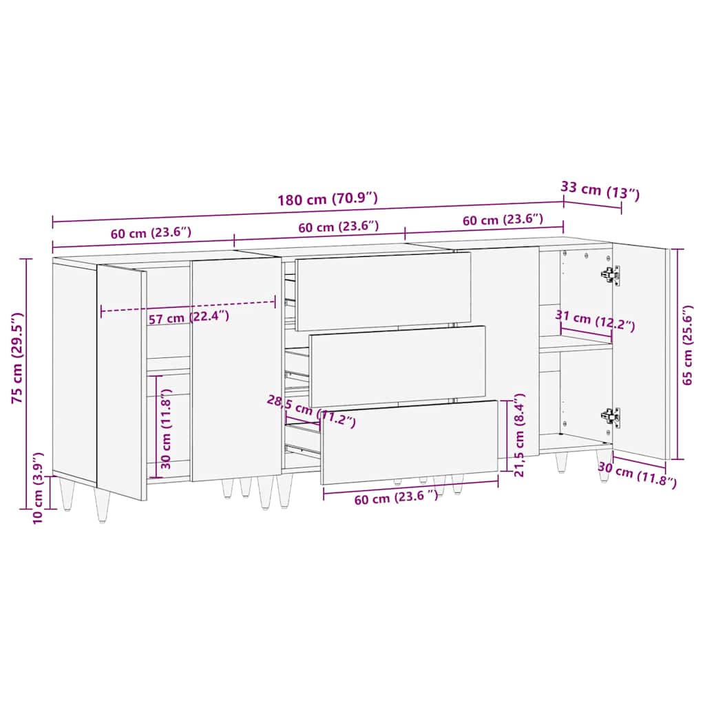 Sestava Komody 3 Ks 180 X 33 X 75 Cm Masivní Mangové Dřevo