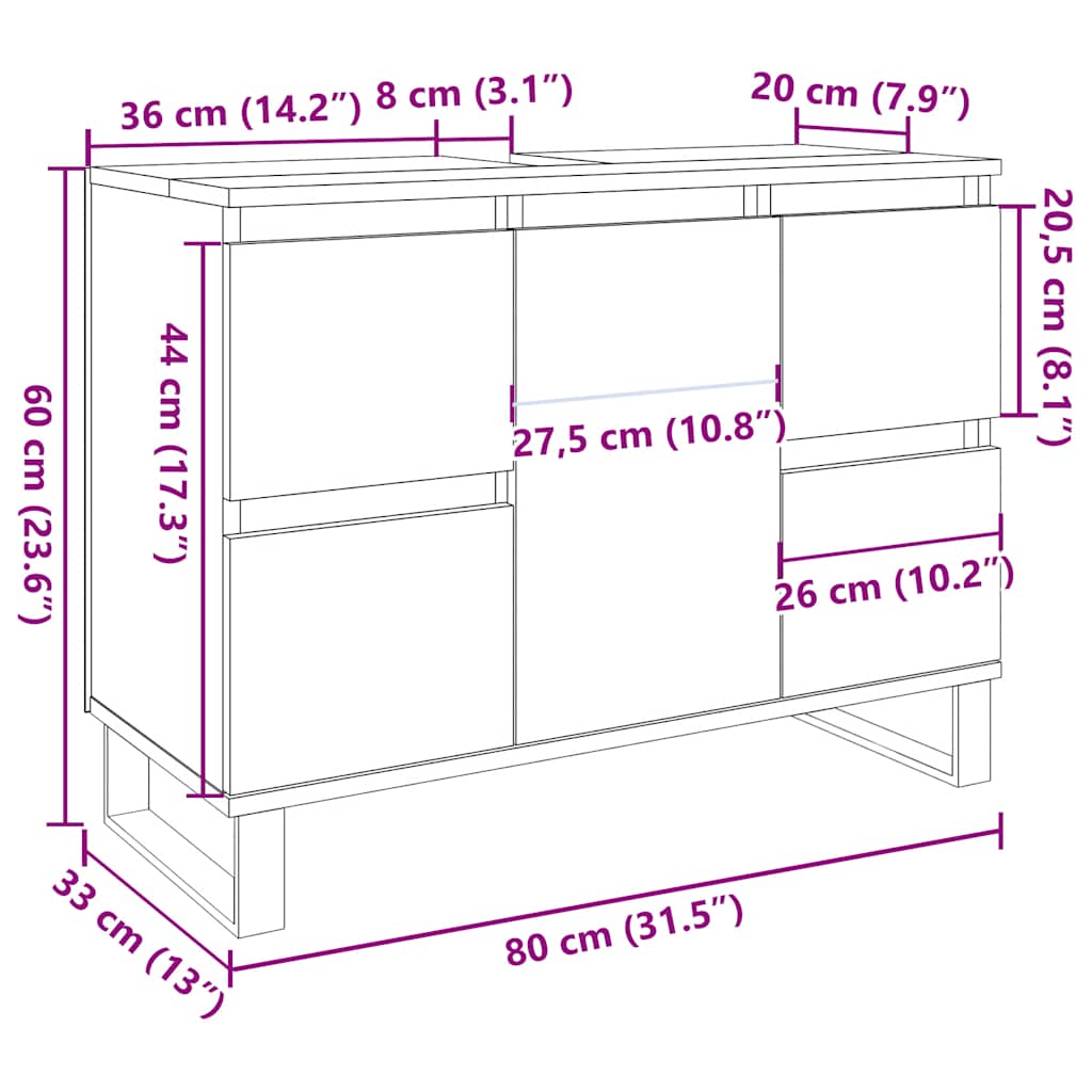 Koupelnová Skříňka Pod Umyvadlo Šedá 80 X 33 X 60 Cm Kompozit