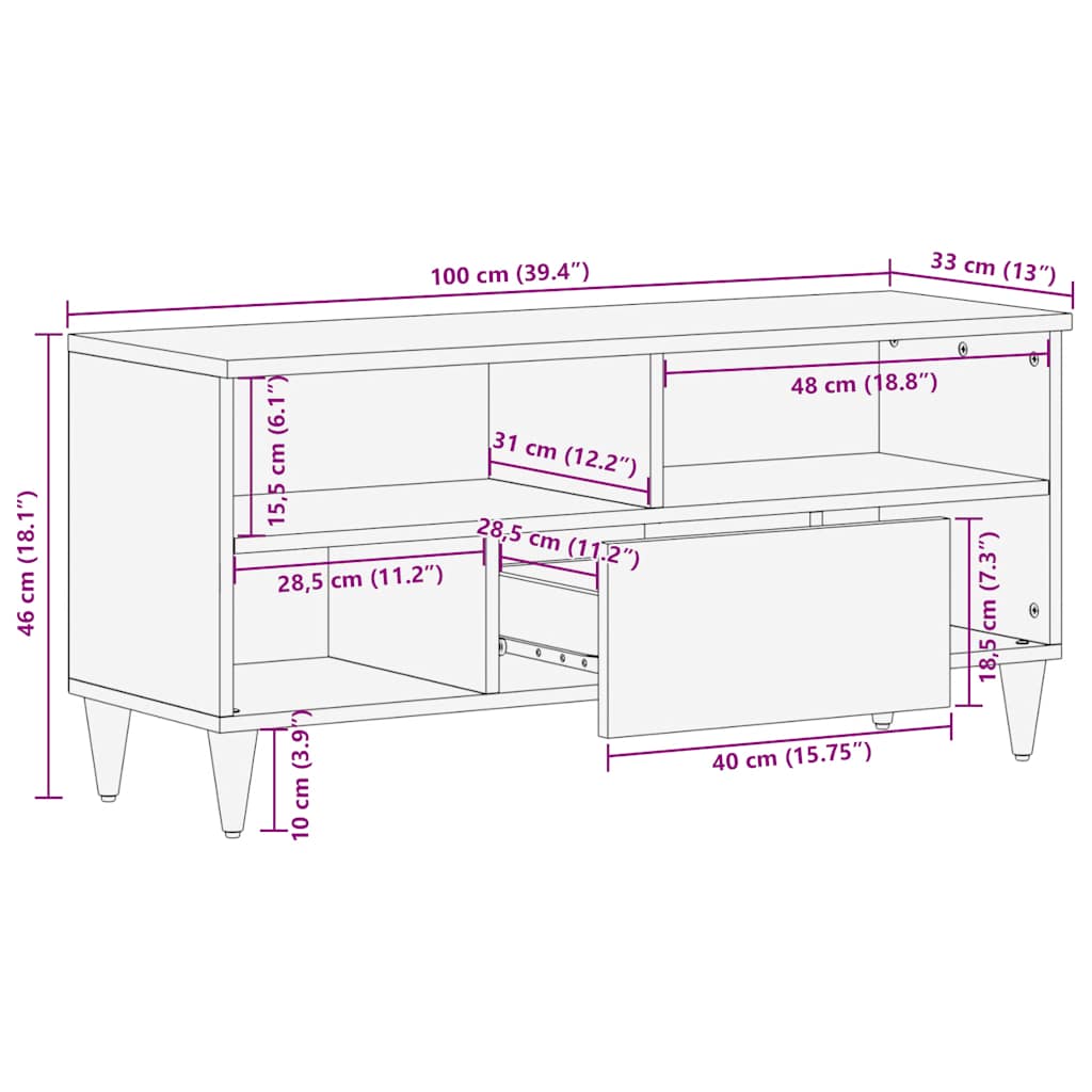 Tv Skříňka Černá 100 X 33 X 46 Cm Masivní Mangovníkové Dřevo Nerezová Ocel / Šedý