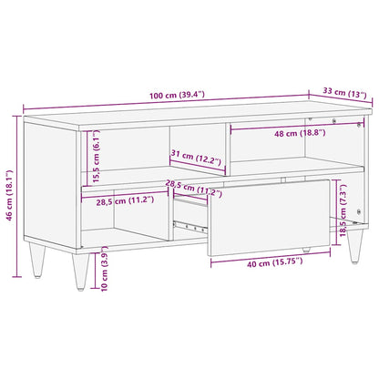 Tv Skříňka Černá 100 X 33 X 46 Cm Masivní Mangovníkové Dřevo Nerezová Ocel / Šedý