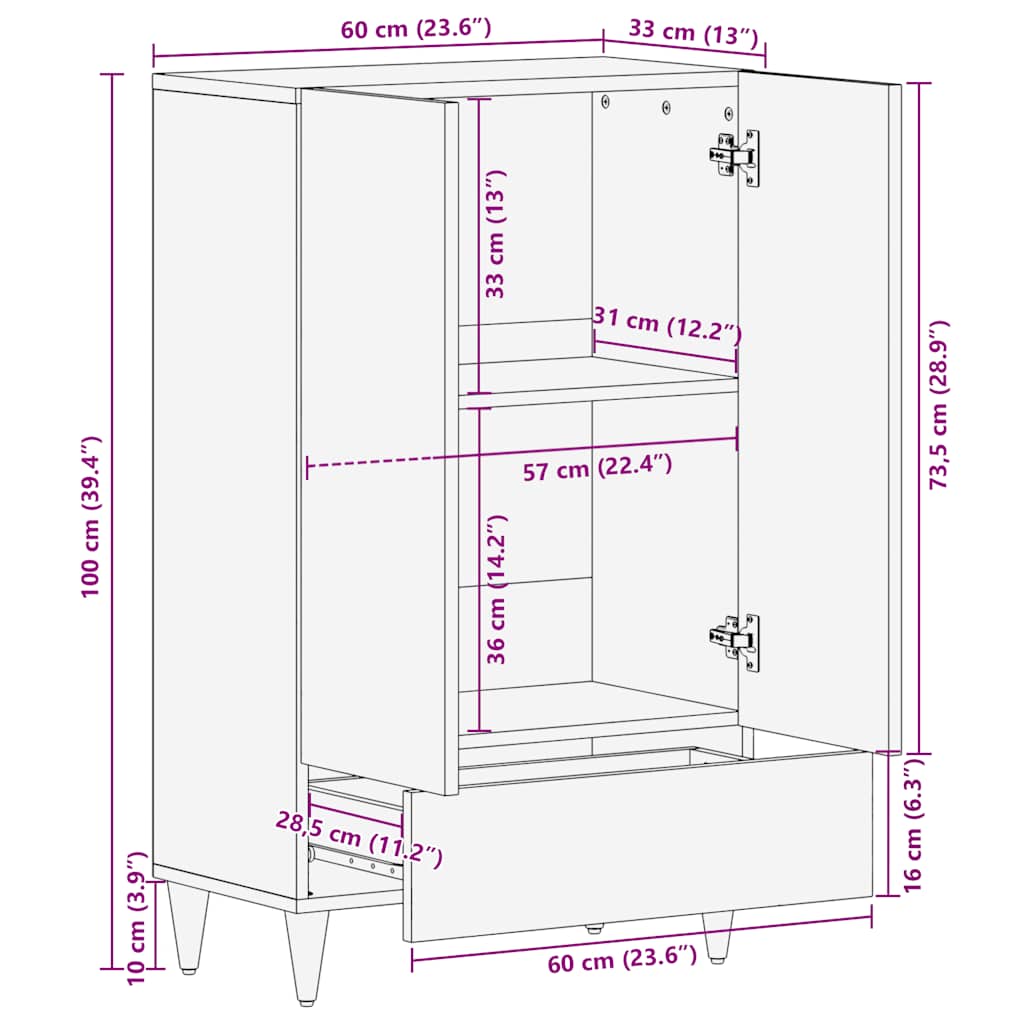 Skříň Highboard 60X33X110 Cm Masivní Mangovníkové Dřevo