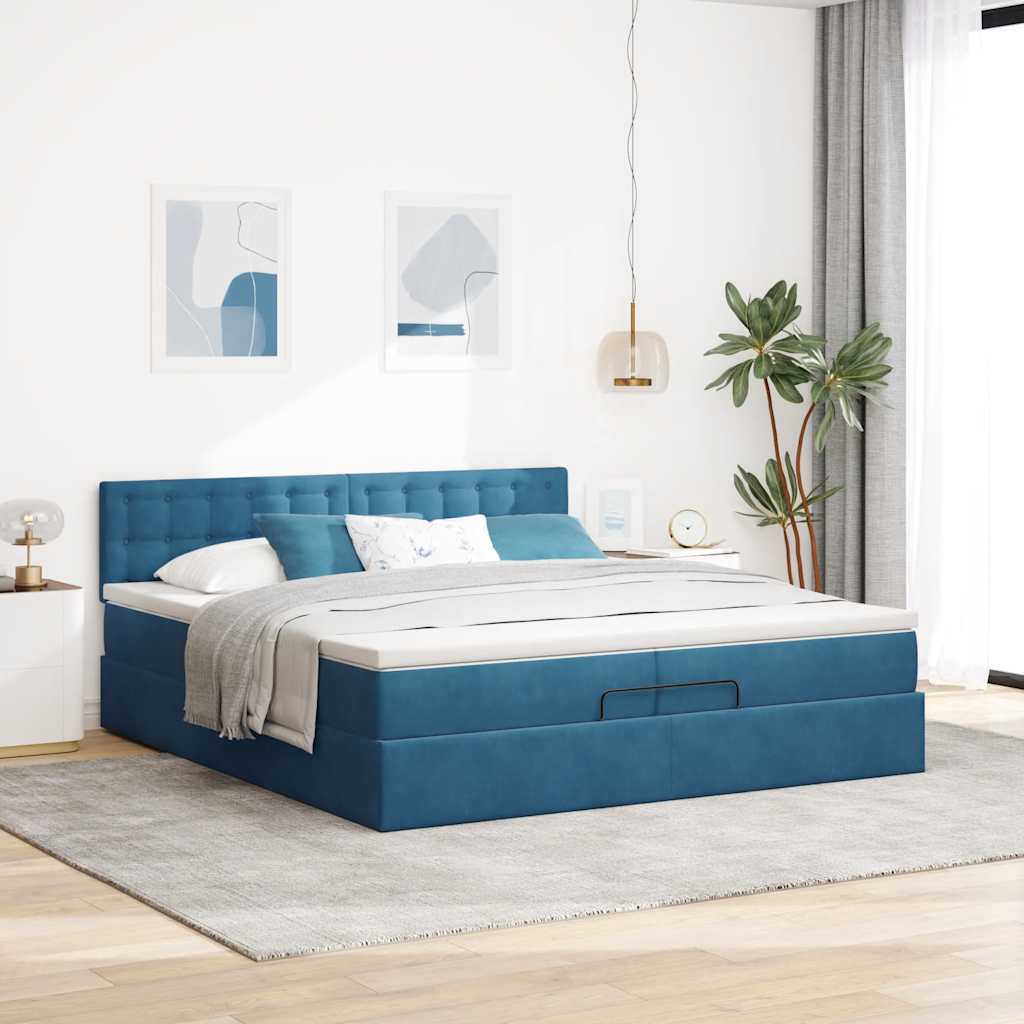 Osmanský Rám Postele S Matrací Tmavě Modrá 200X200 Cm Samet