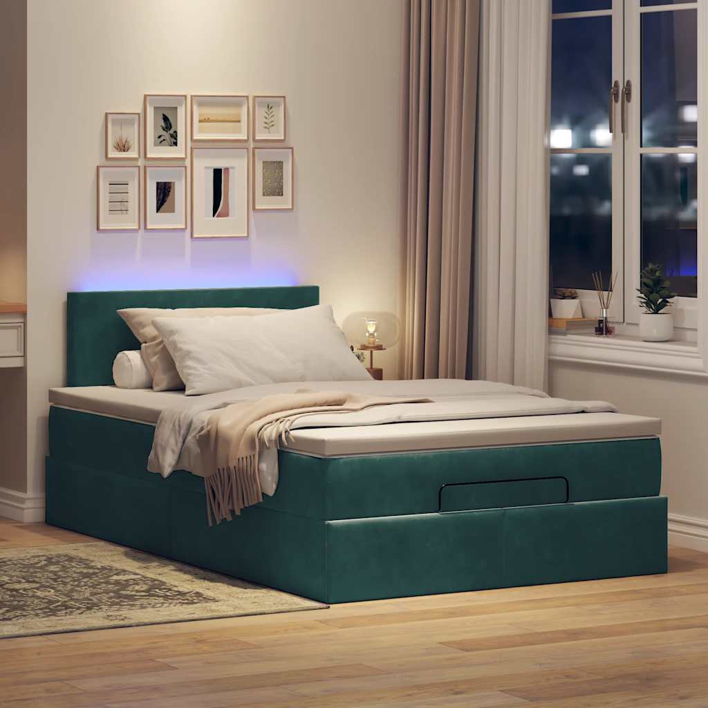 Osmanská Postel S Matrací & Led 120X190Cm Samet Tmavě Zelená