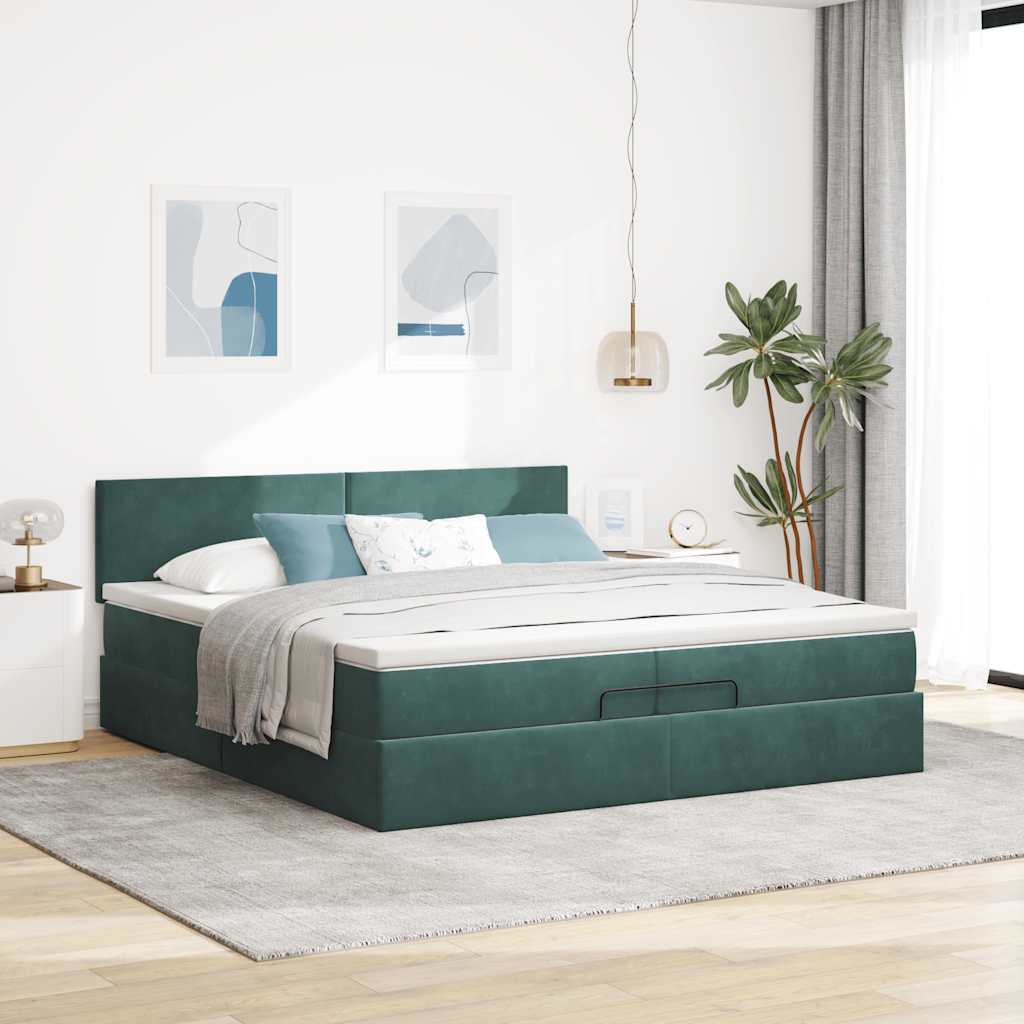 Osmanský Rám Postele S Matrací Tmavě Zelená 200X200Cm Samet