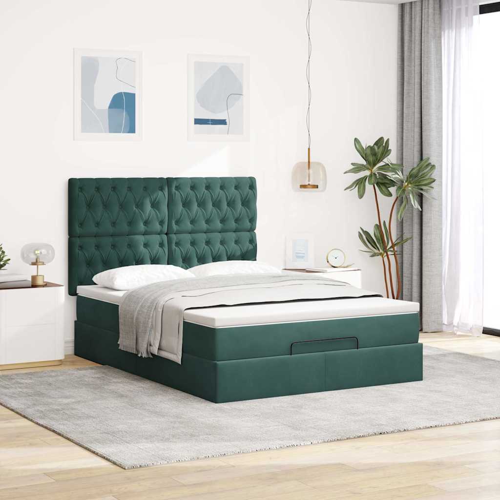 Osmanský Rám Postele S Matracemi Tmavě Zelená 140X190Cm Samet