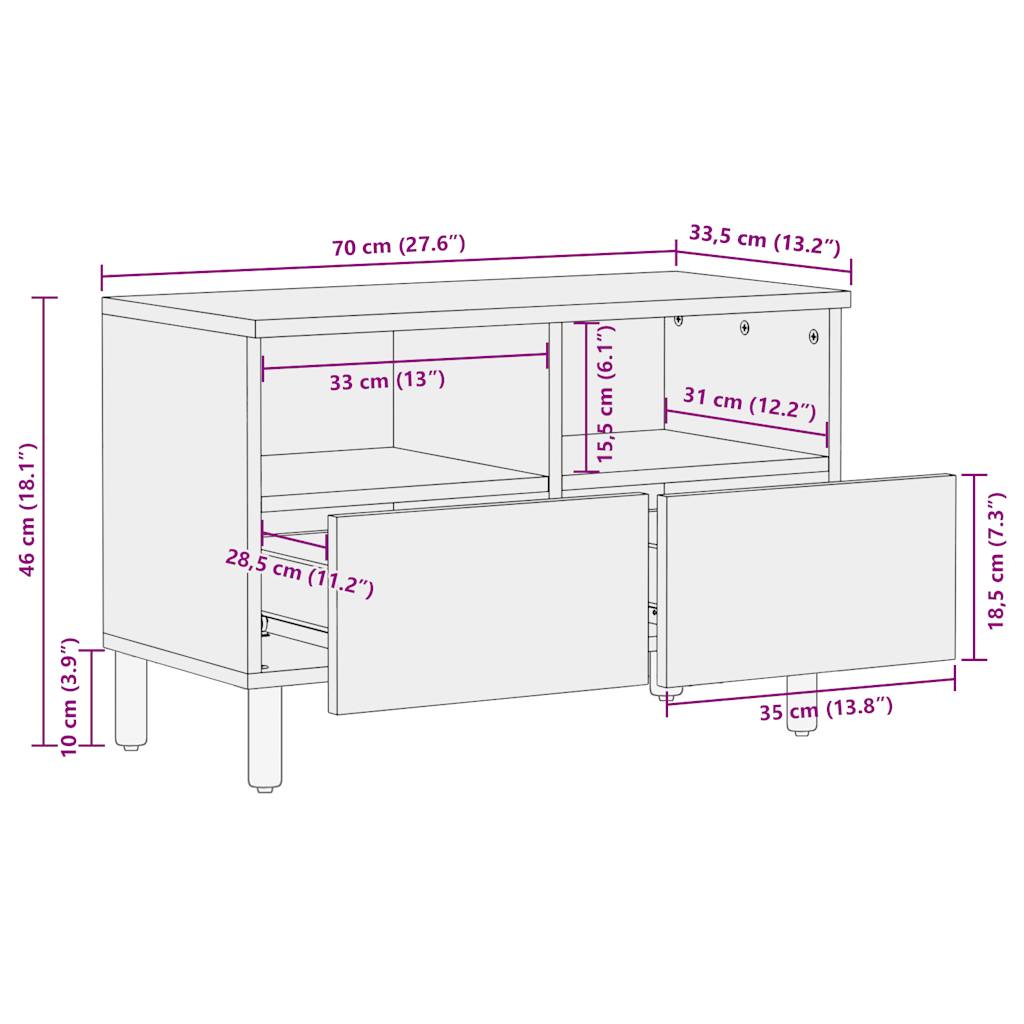 Tv Skříňka Černá 70 X 33,5 X 46 Cm Masivní Hrubý Mangovník