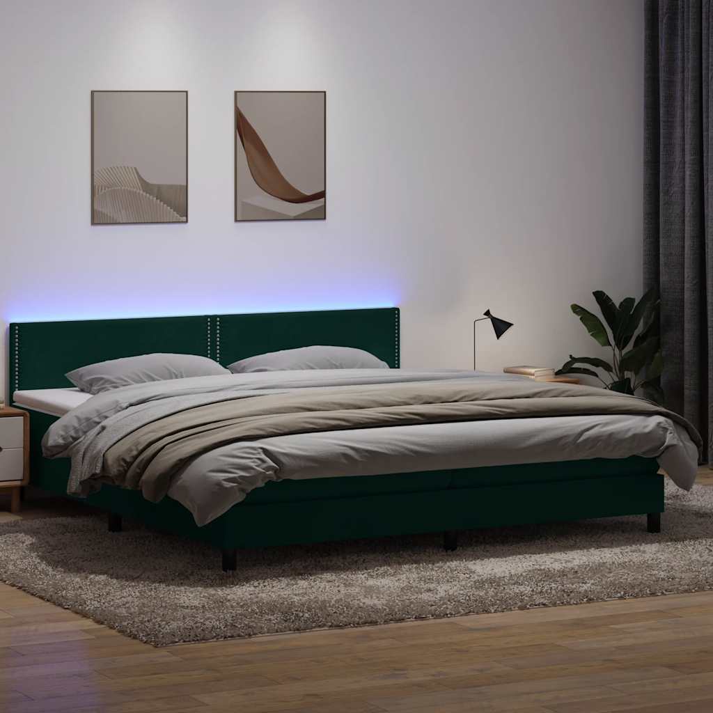 Box Spring Postel S Matrací A Led Tmavě Zelená 180X220 Cm Samet