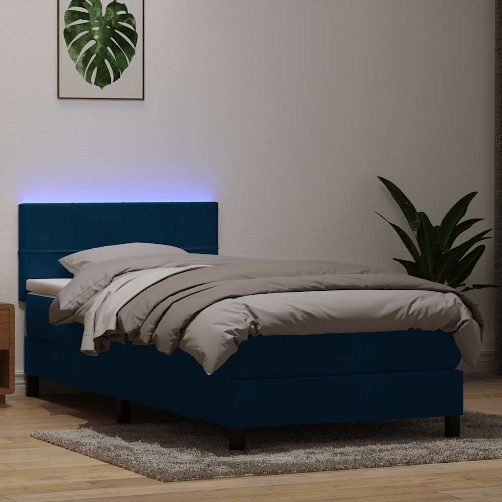 Box Spring Postel S Matrací A Led Tmavě Modrá Samet Tmavě Moddrá