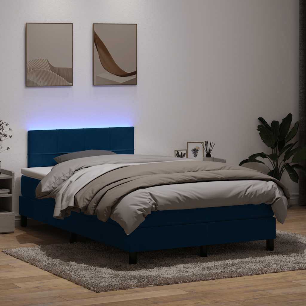Box Spring Postel S Matrací A Led Tmavě Modrá Samet Tmavě Moddrá