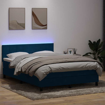 Box Spring Postel S Matrací A Led Tmavě Modrá Samet Tmavě Moddrá