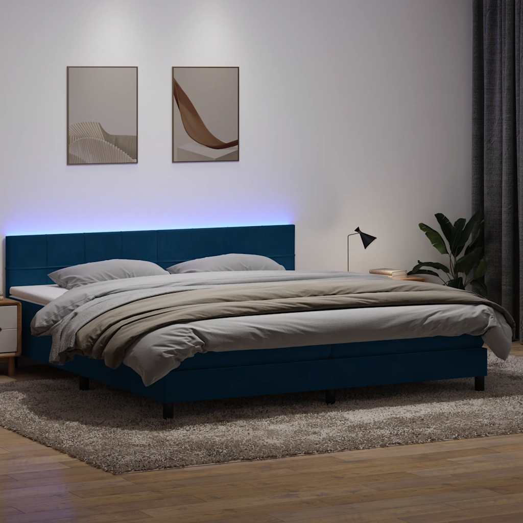 Box Spring Postel S Matrací A Led Tmavě Modrá Samet Tmavě Moddrá
