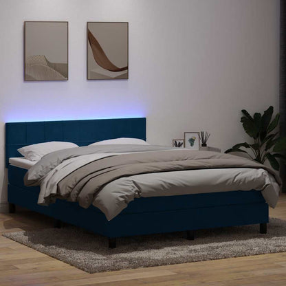 Box Spring Postel S Matrací A Led Tmavě Modrá Samet Tmavě Moddrá