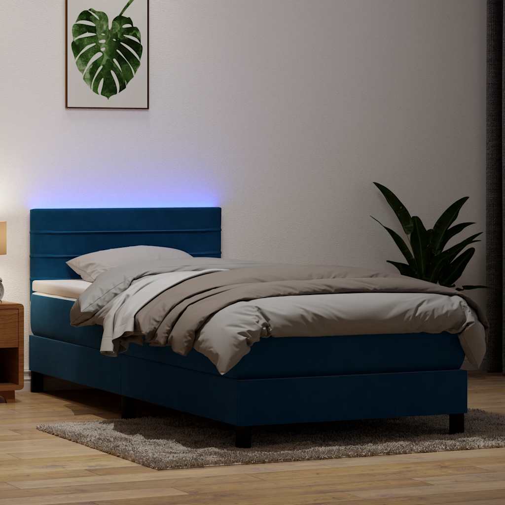Box Spring Postel S Matrací A Led Tmavě Modrá 80X210 Cm Samet