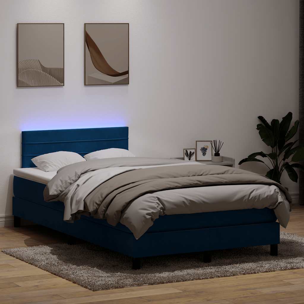 Box Spring Postel S Matrací A Led Tmavě Modrá Samet Tmavě Moddrá