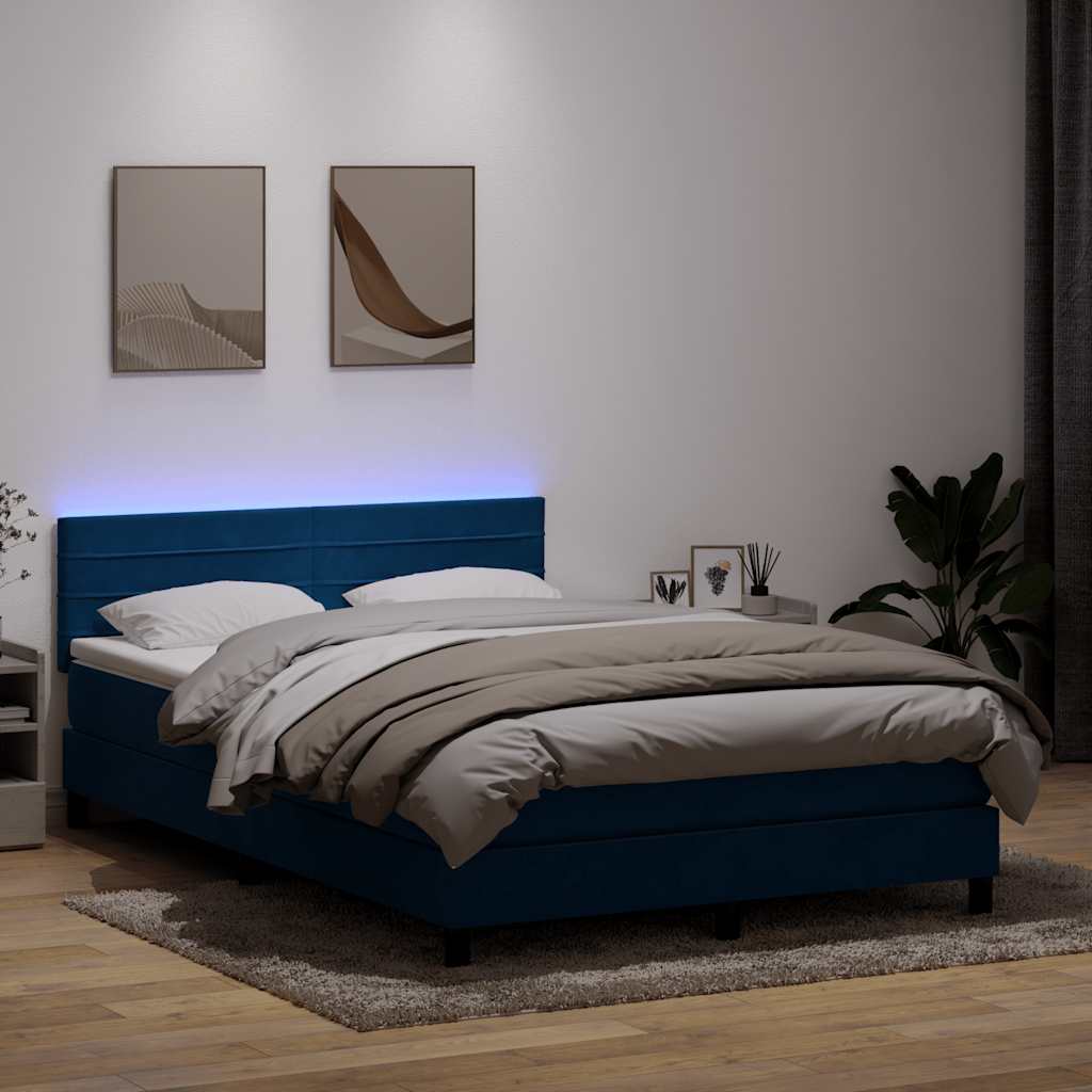Box Spring Postel S Matrací A Led Tmavě Modrá Samet Tmavě Moddrá
