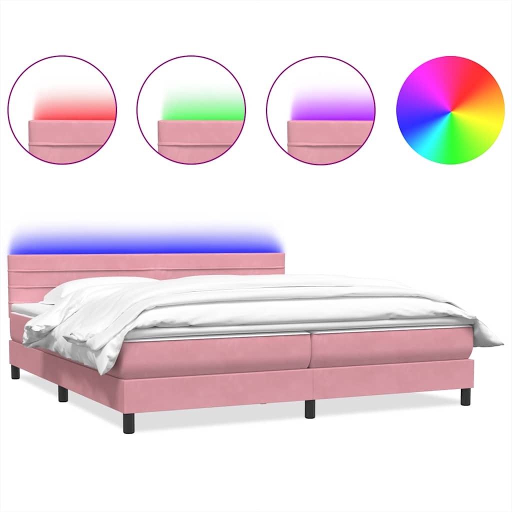 Box Spring Postel S Matrací A Led Růžová 180X210 Cm Samet