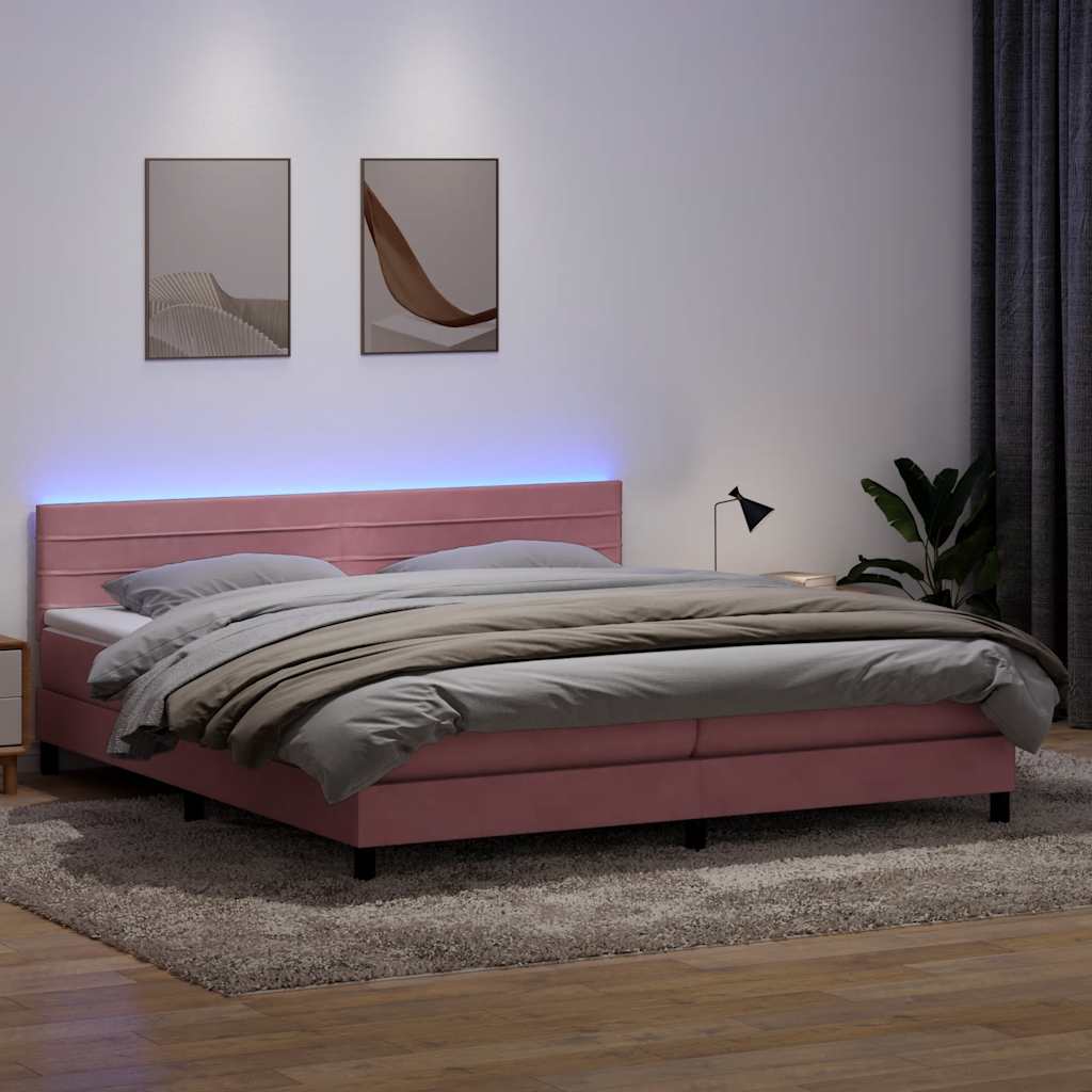 Box Spring Postel S Matrací A Led Růžová 180X210 Cm Samet