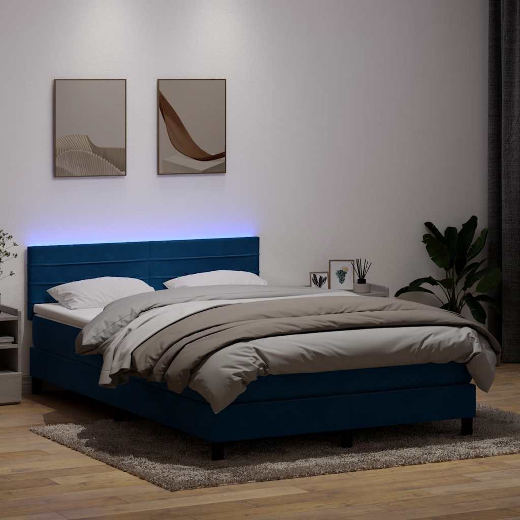 Box Spring Postel S Matrací A Led Tmavě Modrá Samet Tmavě Moddrá