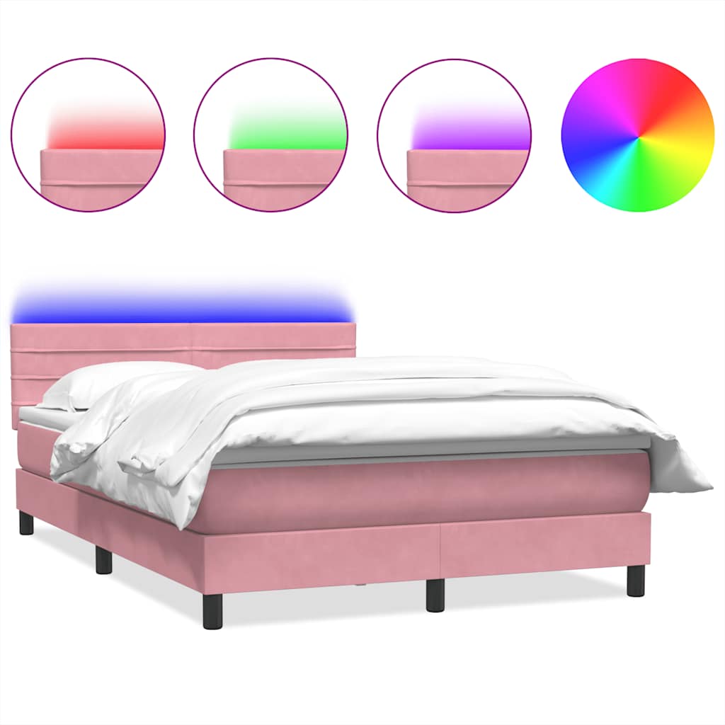 Box Spring Postel S Matrací A Led Růžová 140X220 Cm Samet