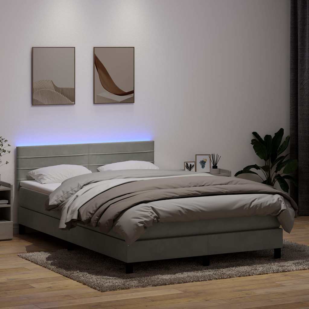 Box Spring Postel S Matrací A Led Světle Šedá 160X220 Cm Samet