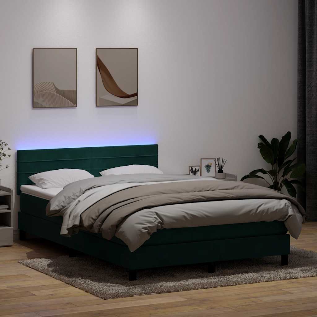 Box Spring Postel S Matrací A Led Tmavě Zelená 160X220 Cm Samet