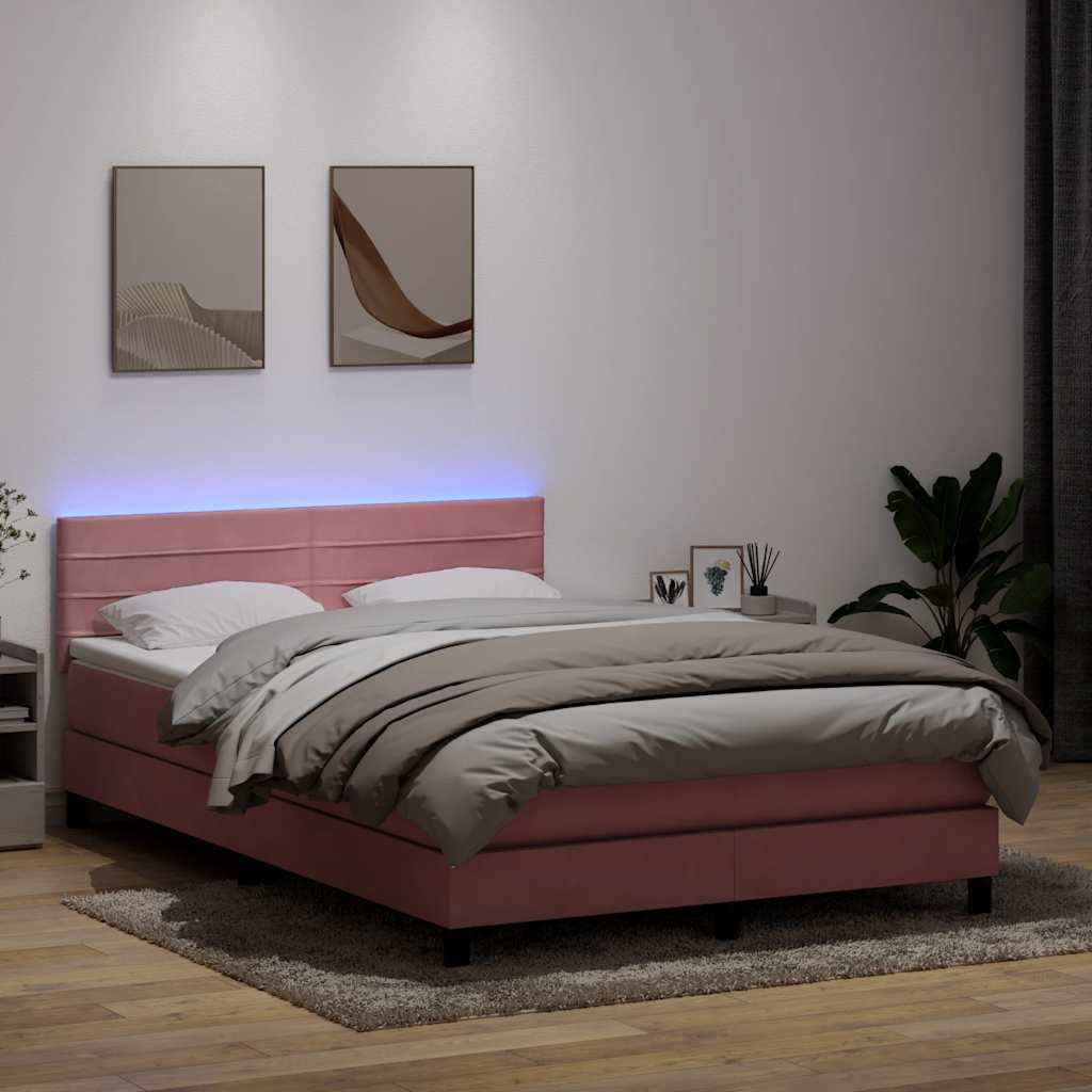 Box Spring Postel S Matrací A Led Růžová 160X220 Cm Samet