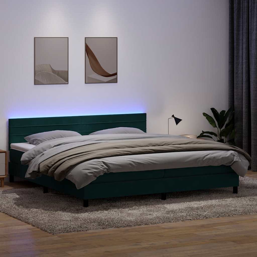 Box Spring Postel S Matrací A Led Tmavě Zelená 180X220 Cm Samet