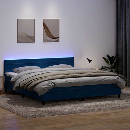 Box Spring Postel S Matrací A Led Tmavě Modrá Samet Tmavě Moddrá