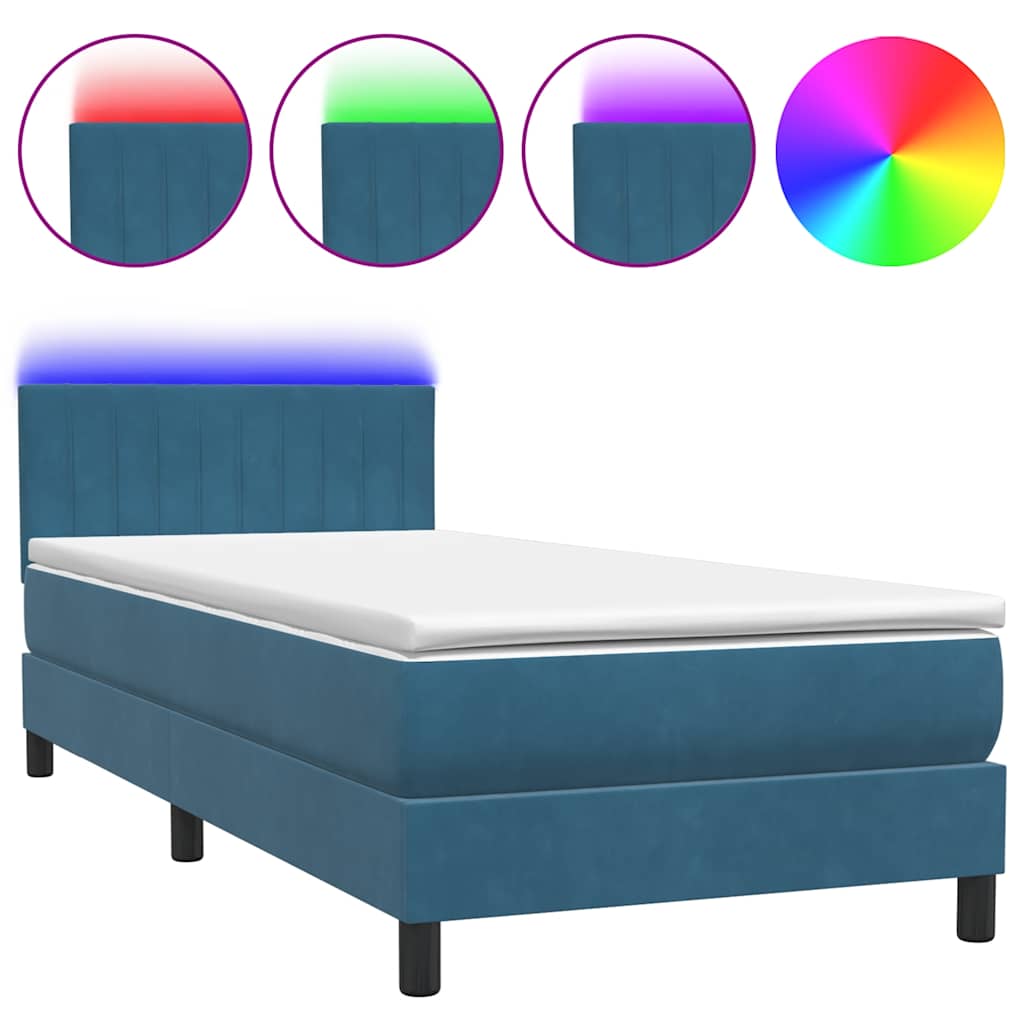 Box Spring Postel S Matrací A Led Tmavě Modrá 80X210 Cm Samet