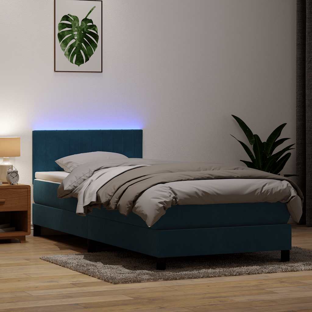 Box Spring Postel S Matrací A Led Tmavě Modrá 80X210 Cm Samet