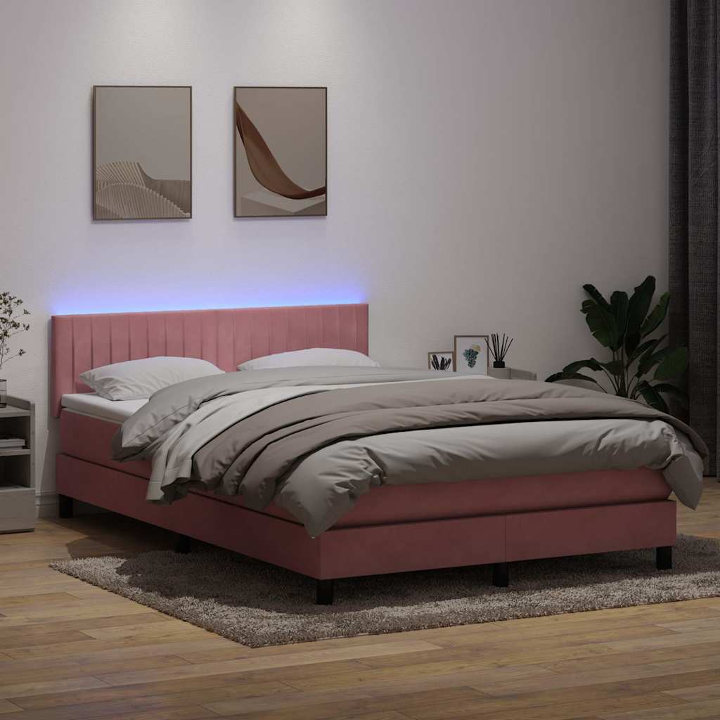 Box Spring Postel S Matrací A Led Růžová 140X210 Cm Samet