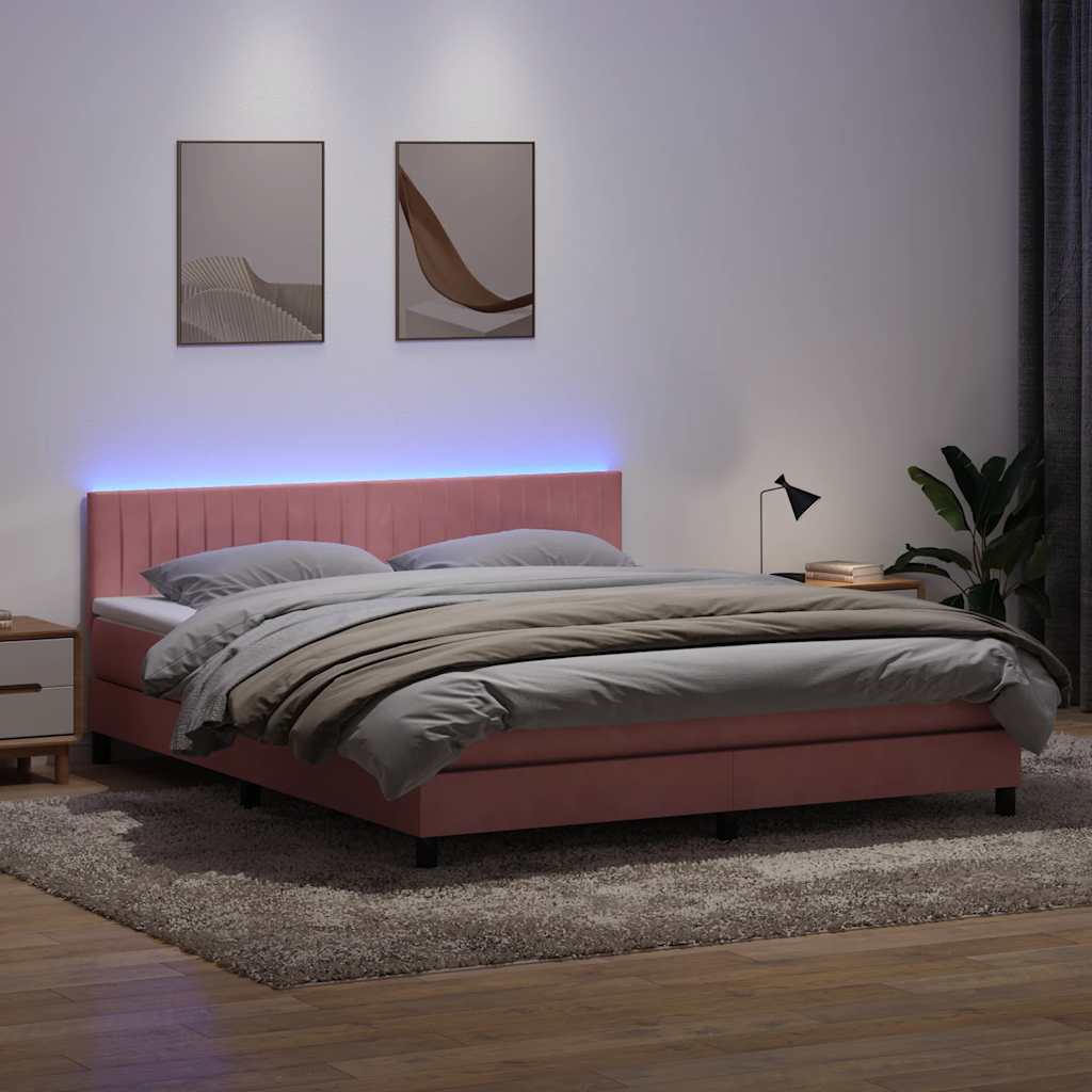 Box Spring Postel S Matrací A Led Růžová 180X210 Cm Samet
