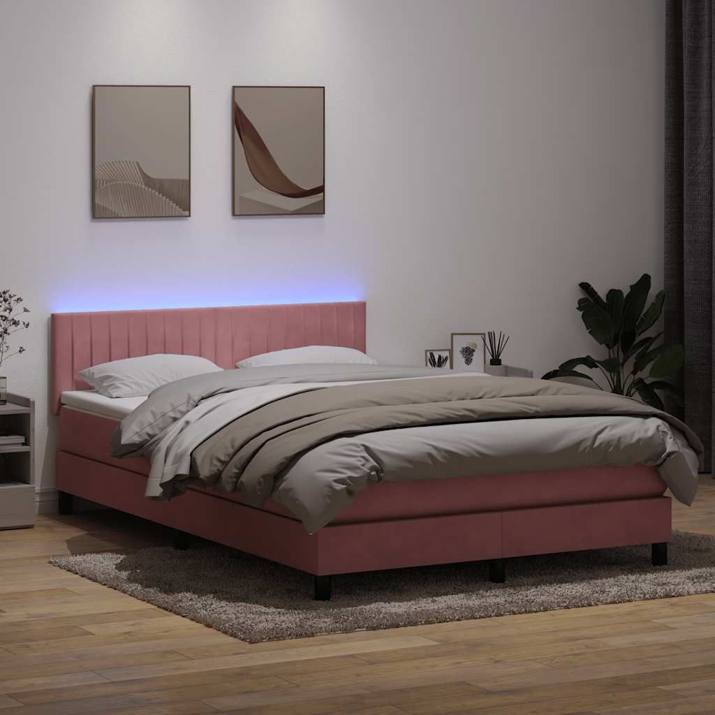 Box Spring Postel S Matrací A Led Růžová 160X220 Cm Samet