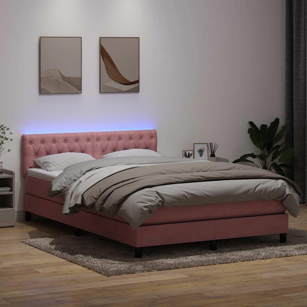 Box Spring Postel S Matrací A Led Růžová 140X210 Cm Samet