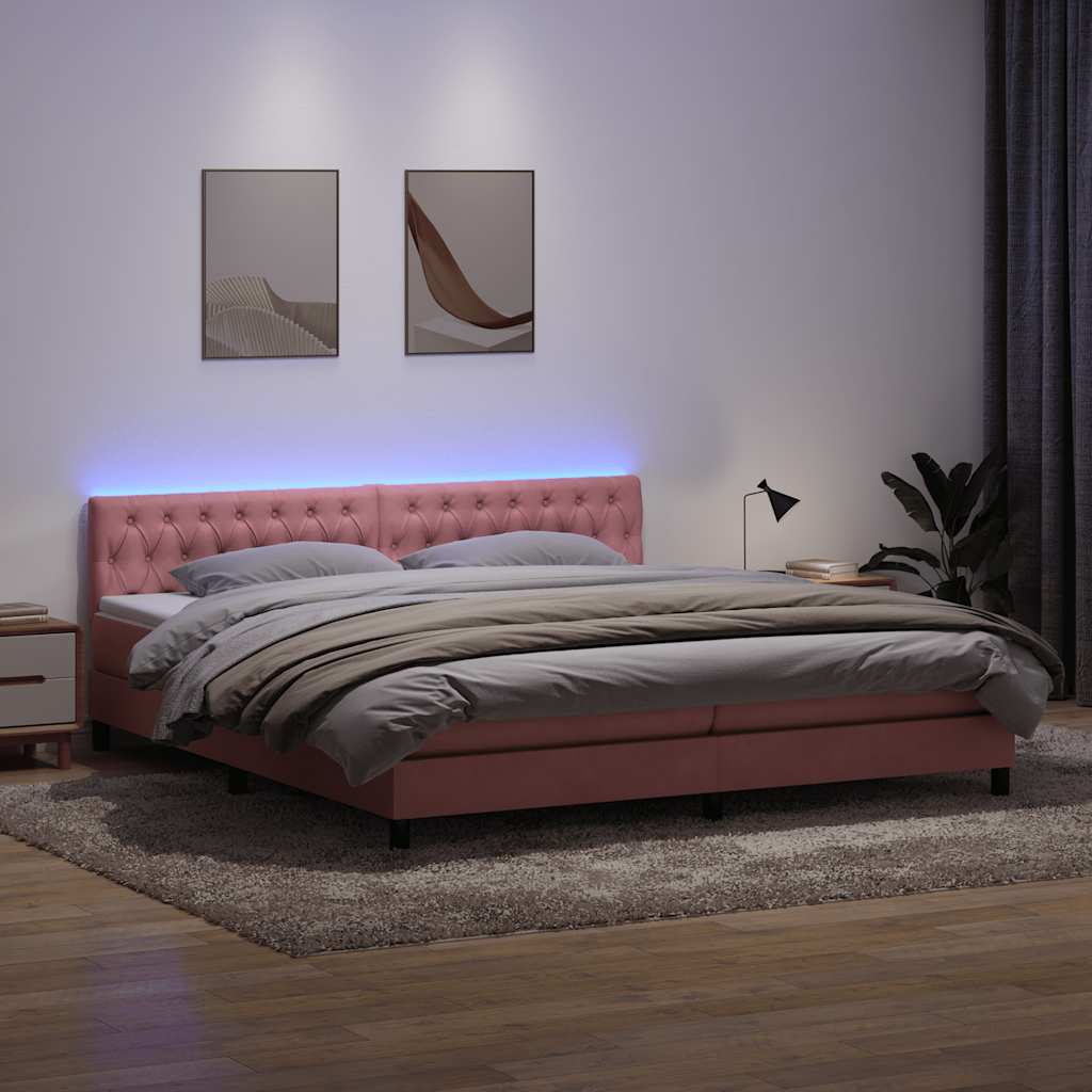 Box Spring Postel S Matrací A Led Růžová 180X210 Cm Samet
