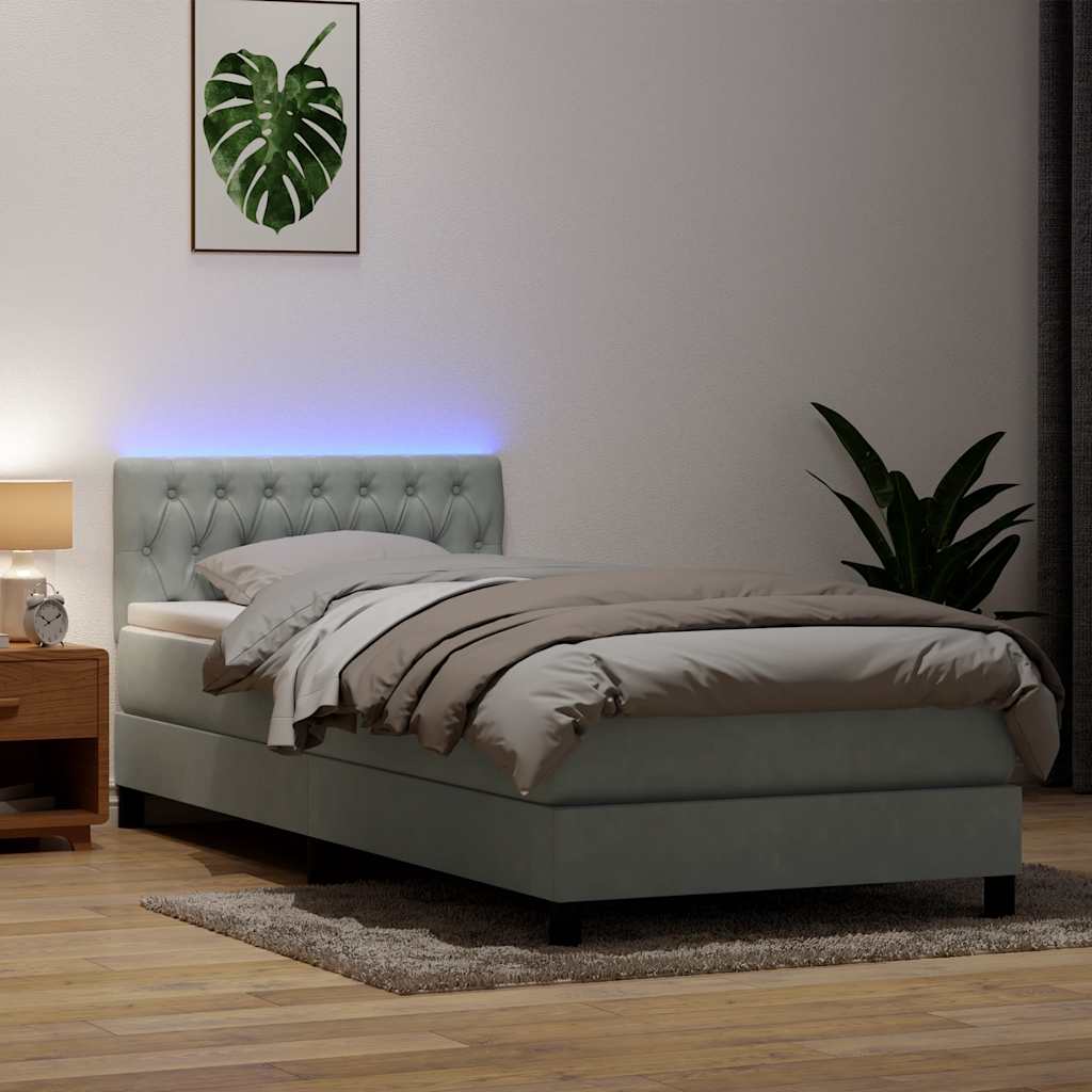 Box Spring Postel S Matrací A Led Světle Šedá 80X220 Cm Samet