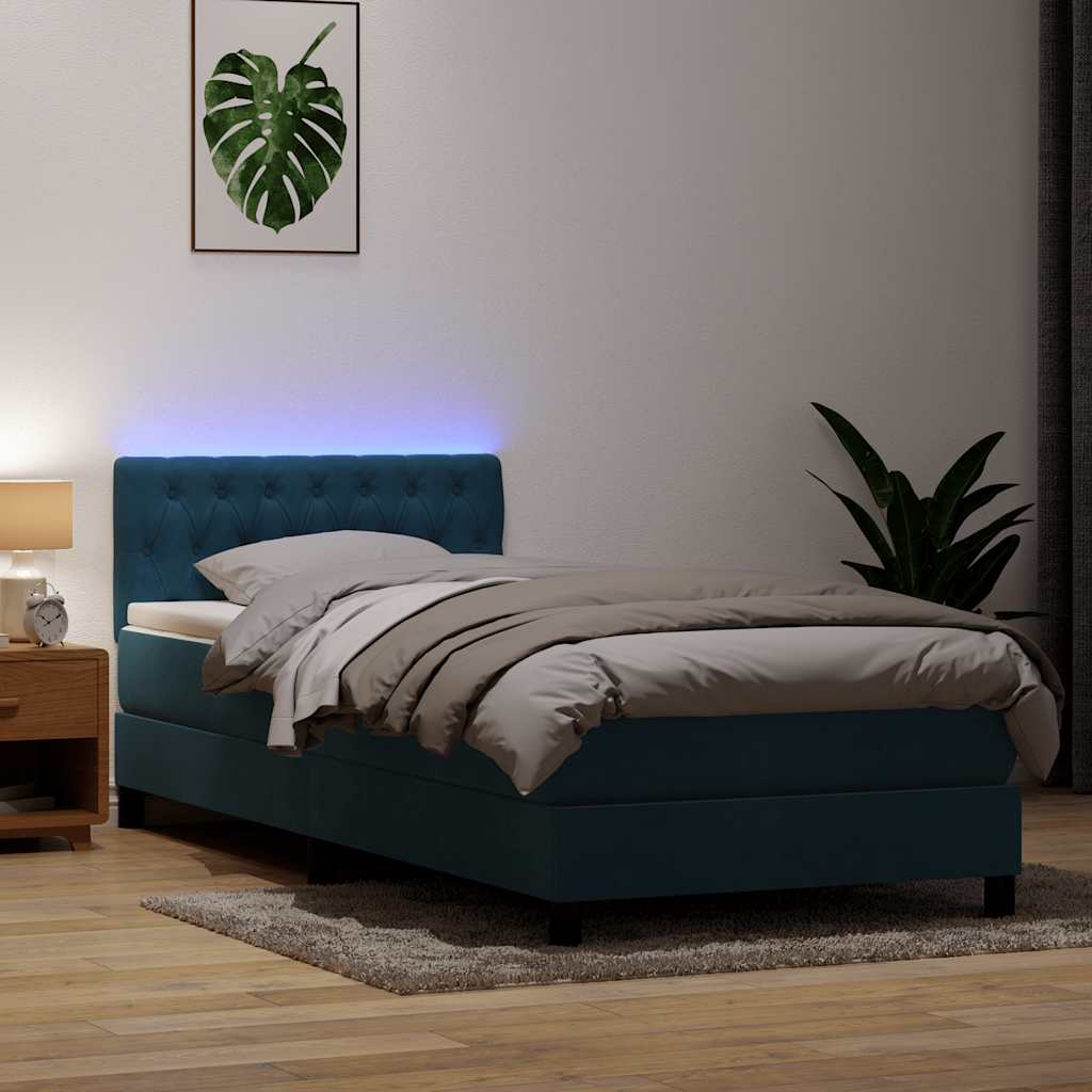 Box Spring Postel S Matrací A Led Tmavě Modrá Samet Tmavě Moddrá