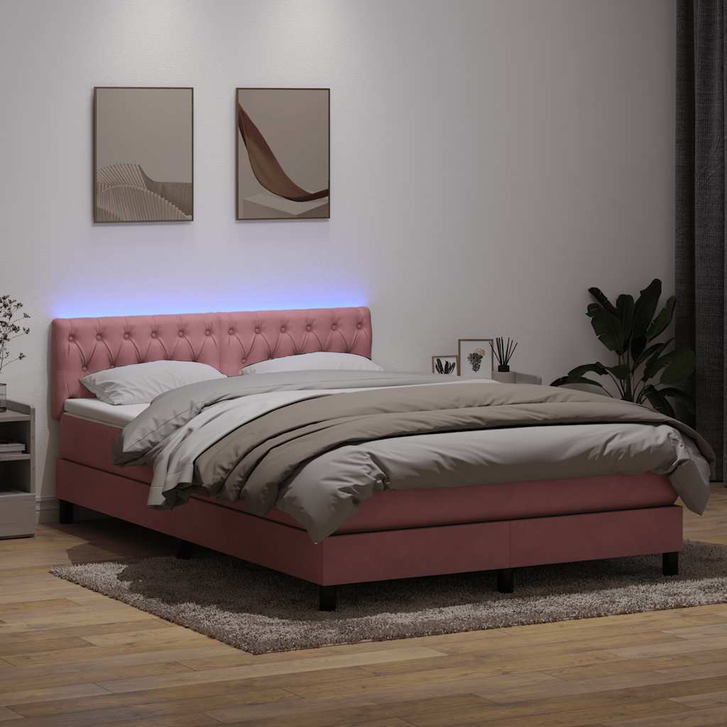 Box Spring Postel S Matrací A Led Růžová 140X220 Cm Samet