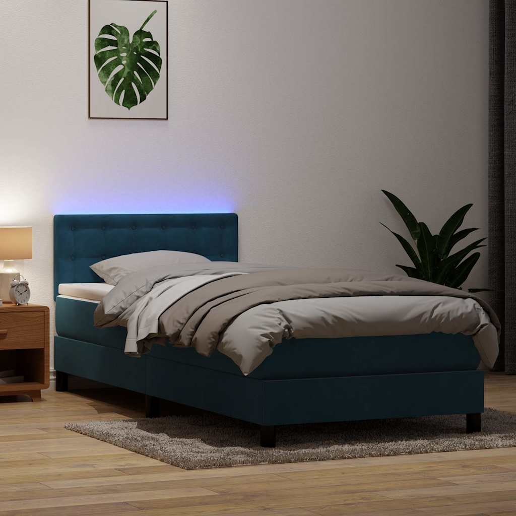 Box Spring Postel S Matrací A Led Tmavě Modrá 80X210 Cm Samet