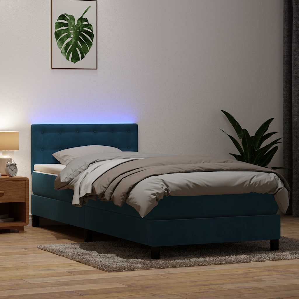 Box Spring Postel S Matrací A Led Tmavě Modrá Samet Tmavě Moddrá