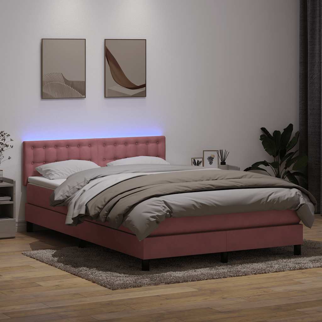 Box Spring Postel S Matrací A Led Růžová 140X210 Cm Samet