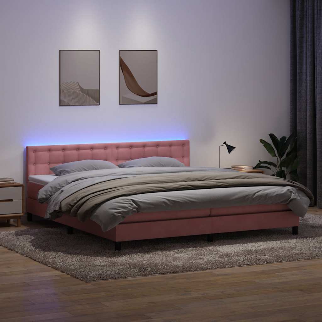 Box Spring Postel S Matrací A Led Růžová 180X210 Cm Samet