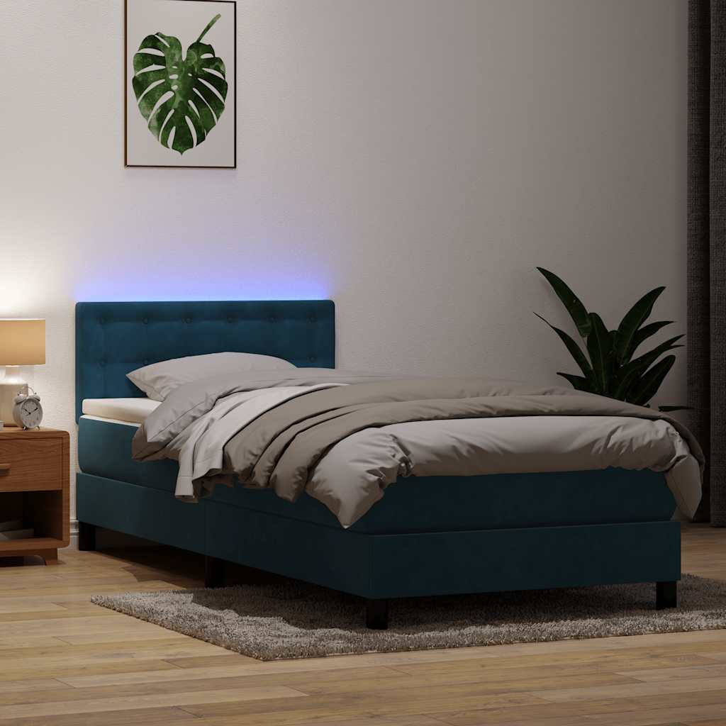 Box Spring Postel S Matrací A Led Tmavě Modrá Samet Tmavě Moddrá