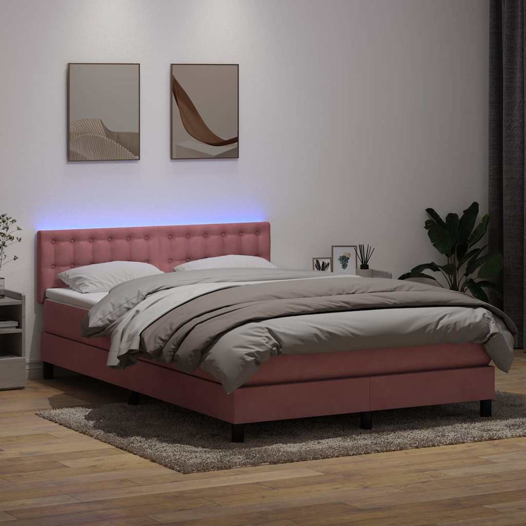 Box Spring Postel S Matrací A Led Růžová 140X220 Cm Samet
