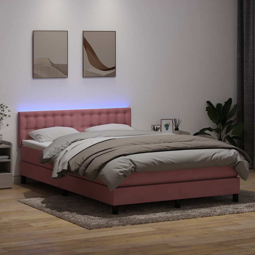 Box Spring Postel S Matrací A Led Růžová 160X220 Cm Samet