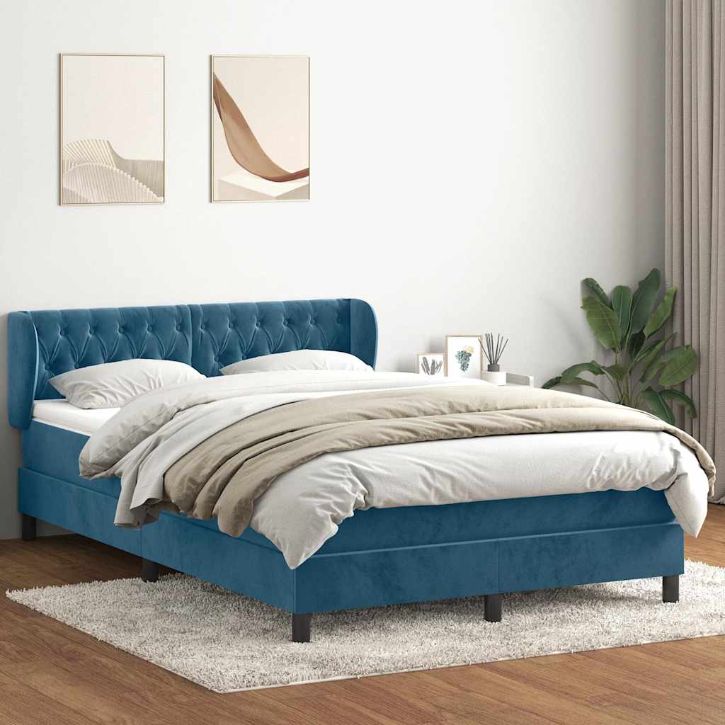 Box Spring Postel S Matrací Tmavě Modrá Samet Tmavě Moddrá