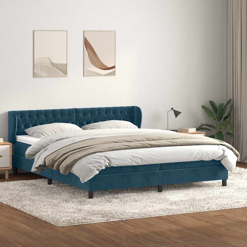 Box Spring Postel S Matrací Tmavě Modrá Samet Tmavě Moddrá